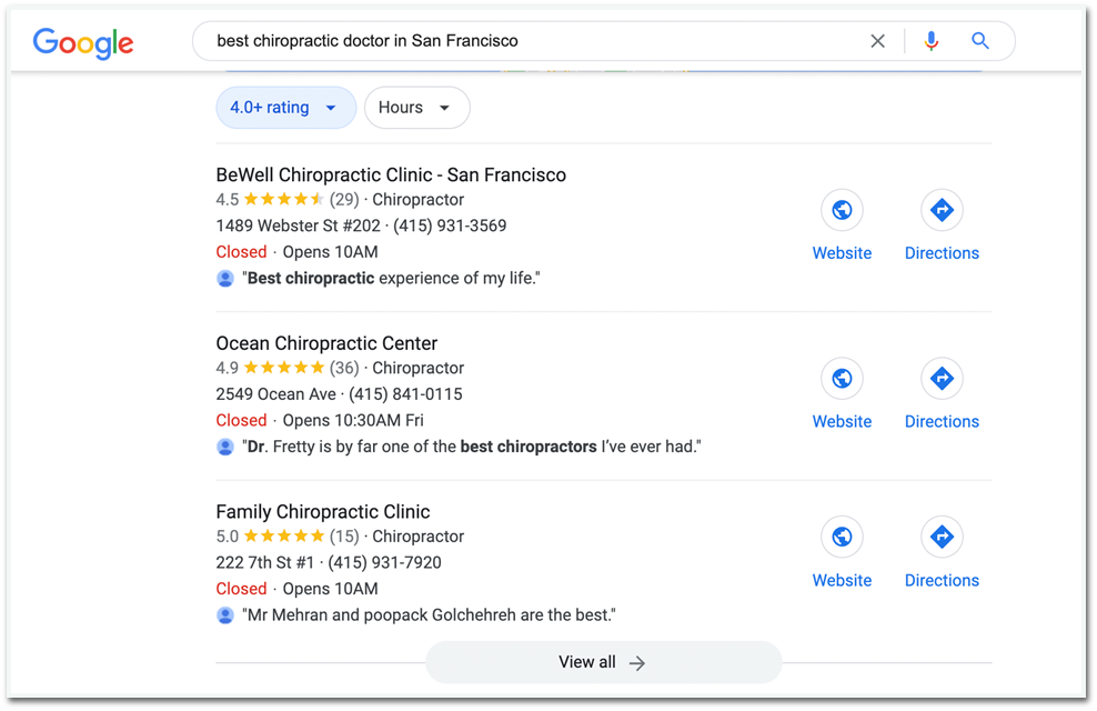 Best Chiropractor in SF Google Search